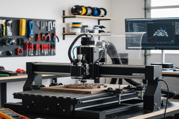 A desktop CNC machine in a workshop